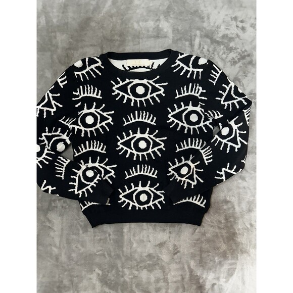 Black Sweaters - LC Lizette Collection Eye Print Sweater Womens Medium Black White Graphic